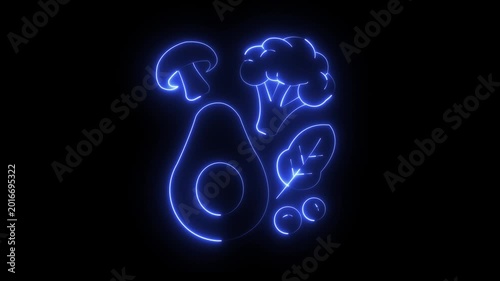 Collection of glowing blue neon healthy vegetables including avocado, broccoli, and mushroom on black background, organic nutrition, vegan lifestyle, or diet tracking