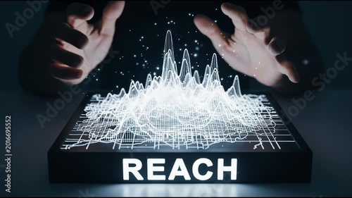 Business professional interacting with glowing digital data mountain chart above reach sign, for growth, strategic planning, financial analysis, market expansion, success in technology