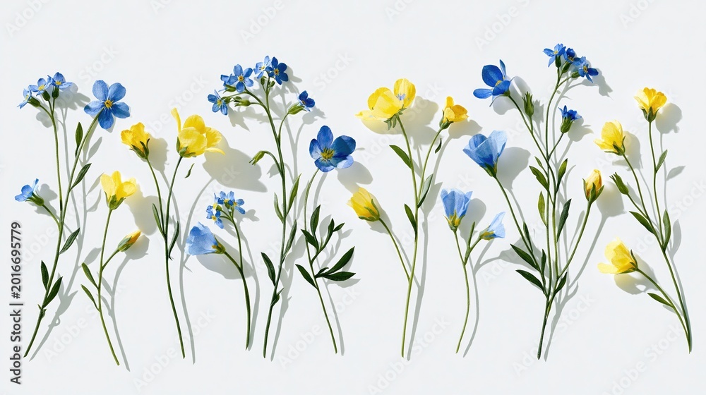 Fototapeta premium A collection of delicate wildflowers arranged in a row. The flowers exhibit blue and yellow petals with lush green stems. The simple background enhances their vibrant colors.