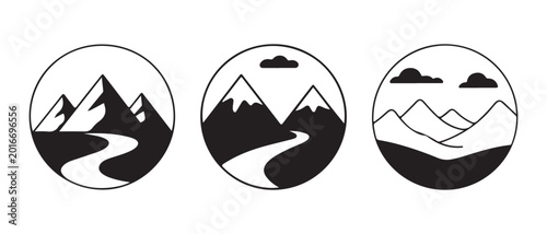 Mountain landscape icon set. featuring peaks, winding rivers, and clouds in circular frames.