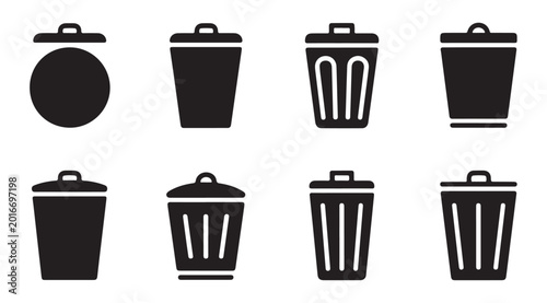 Photos Set of various trash can icons and recycling symbols on white background