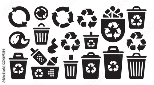 Schilderij op canvas Recycle symbol icons set including trash bins and waste management graphics in flat black design