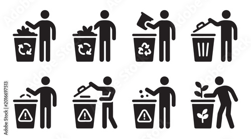 Fotografie Various people disposing of recyclable waste into dumpsters icon set for ecological awareness
