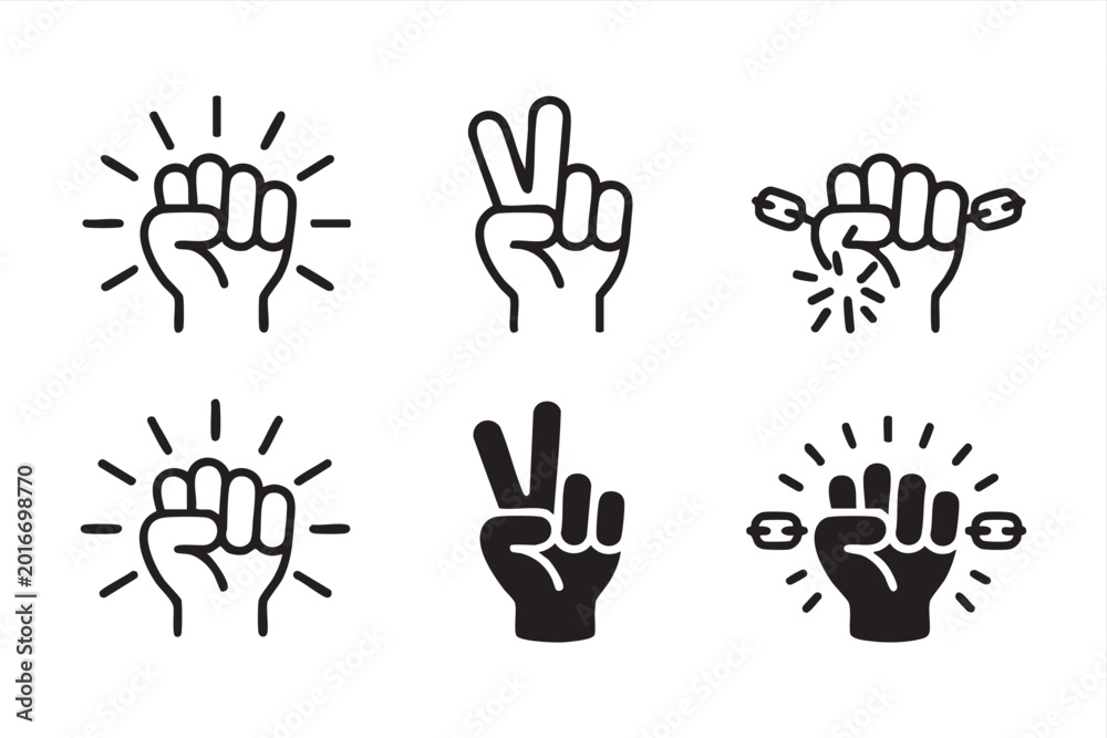 Fototapeta premium Line Art Protest Icons with Fist, Victory Hand and Chain Break Concept