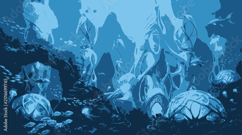 Enchanting deep-sea fantasy landscape illustration featuring an alien underwater civilization with mysterious luminescent structures and diverse marine ecosystems