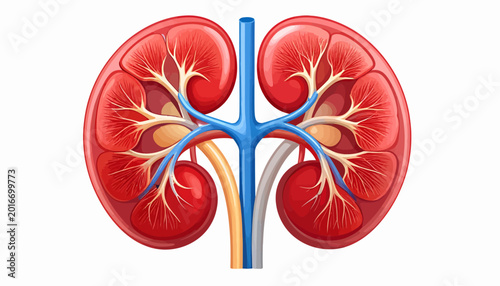 Anatomical illustration of the human kidney, highlighting its vascular system and internal structure, perfect for medical and educational contexts