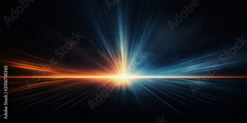 An abstract fractal burst of glowing light rays creates a bright energy explosion against a dark space background with orange flame textures and blue star shine illustration