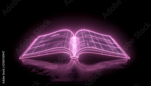Futuristic Neon Holographic Open Book.