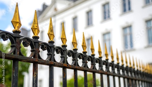 A close-up of a black wrought iron fence with gold tips in front of a blurred white building