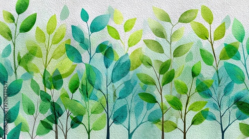 Stylized watercolor illustration of green leaves and branches on textured paper, evoking a fresh, natural, and serene atmosphere.