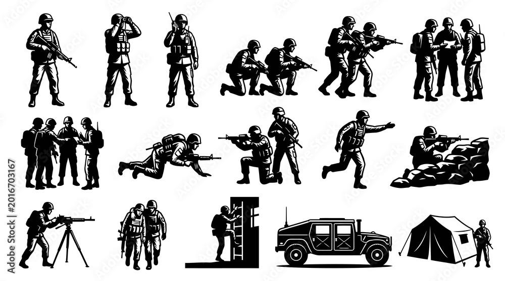 Naklejka premium Black and White Soldier Icon Set, Military Vector Art Collection