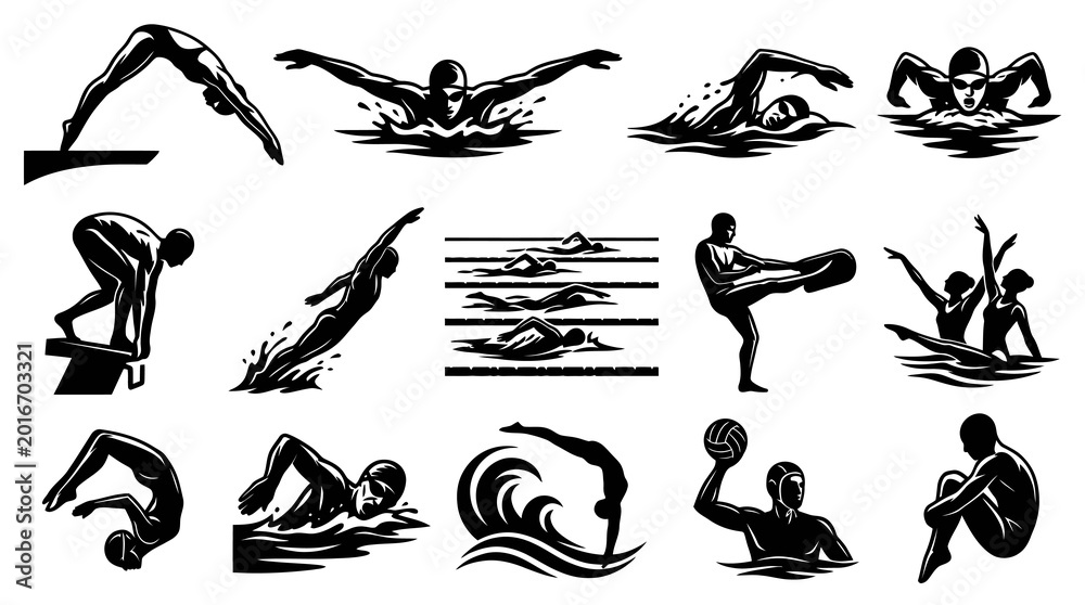 Obraz premium Swimming Icons: Black and White Vector Graphics for Sports and Fitness