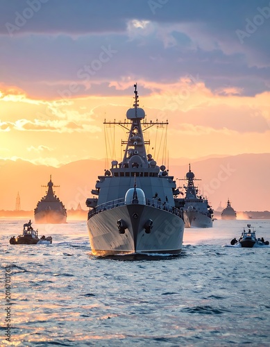 Naval fleet sailing during sunset seas.