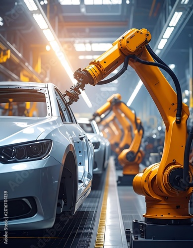 Robotic arms assemble cars in factory.