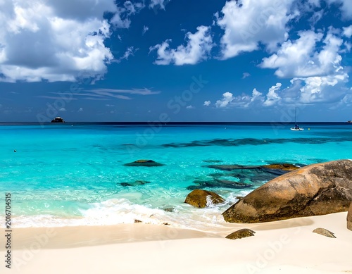 Serene tropical beach with clear waters.