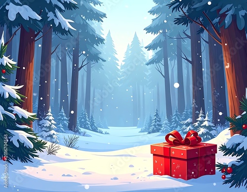 Snowy forest with wrapped gift box.