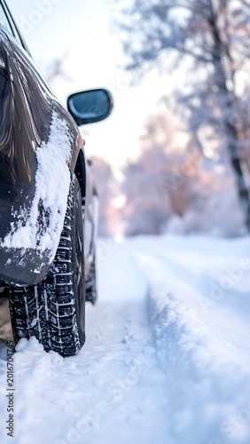 A close-up of a car's front end parked on a snowy road