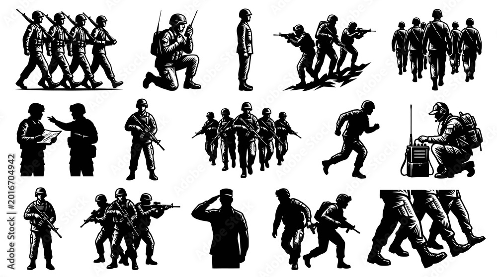 Fototapeta premium Dynamic Black White Vector Silhouettes of Military Army Soldiers Troops in Various Poses