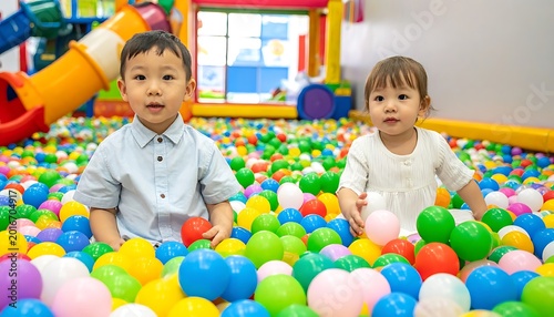 Two children playing in ball pit.