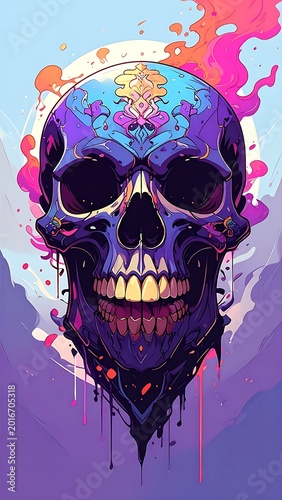 Vibrant Skull Art with Paint Splatters.