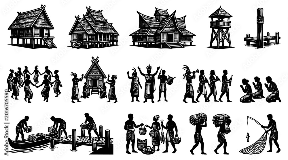 Fototapeta premium Traditional Village Life Black White Vector - Indigenous Culture Icons