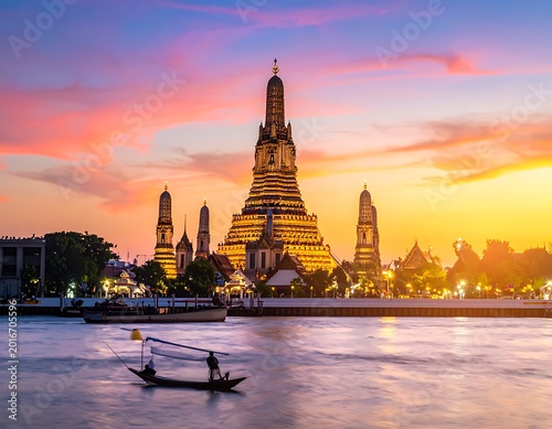Wat Arun Temple Bangkok River Sunset.