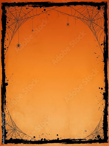A distressed black border with spiderwebs and spiders on an orange background, suitable for Halloween.