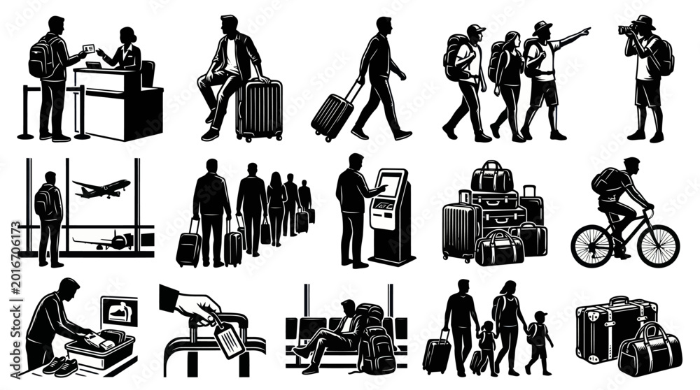 Fototapeta premium Black and White Vector Art of Travel and Airport Scenes with Luggage and People