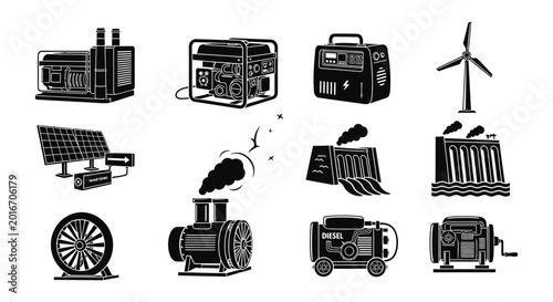 Power generation sources silhouette collection on a white background