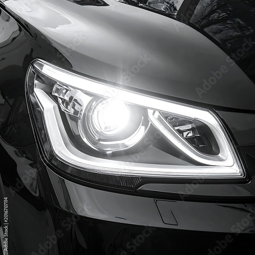 A close-up of a car's sleek headlight