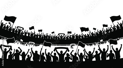 Silhouettes of cheering crowd of football fans at stadium