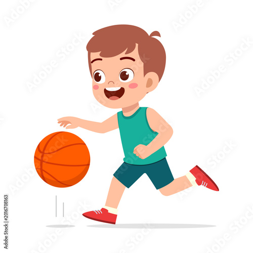 Happy young boy dribbling a basketball on white background cartoon illustration with energetic mood and cheerful smile