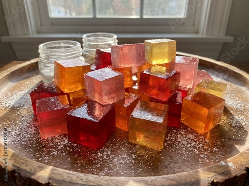Many agar-agar jelly cubes on white background.Agar Jelly Desserts / Colorful Gelatin Sweets