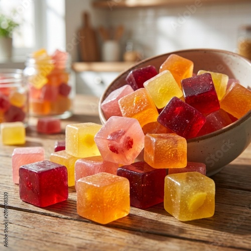 Many agar-agar jelly cubes on white background.Agar Jelly Desserts / Colorful Gelatin Sweets
