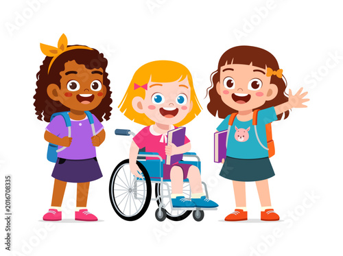 Diverse happy schoolgirls a Black girl an Asian girl and a Caucasian girl in a wheelchair smiling and waving