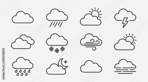 Weather Icons Set: Clouds with Sun, Rain, Snow, Lightning, Moon, Wind