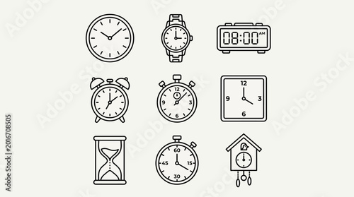 Collection of diverse clock icons: analog, digital, alarm, stopwatch, hourglass, cuckoo clock