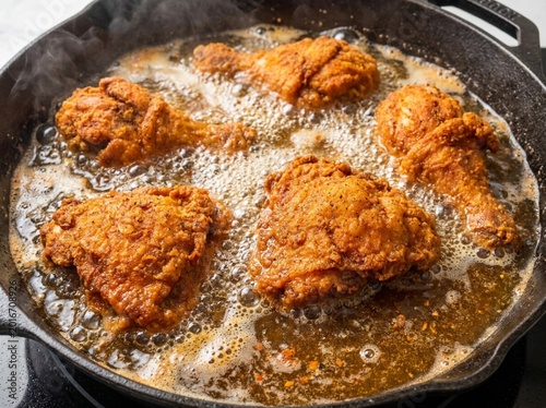 close view of chicken pieces deep frying in pan with sizzling oil. Sizzling Fried Chicken & Food Photography