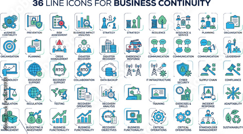 Business continuity line icons, 36 editable vector graphics, management and strategy symbols