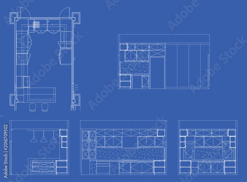 Interior Kitchen Design Drawing – Built-in Cabinet Layout, Counter Arrangement and Storage Blueprint Plan