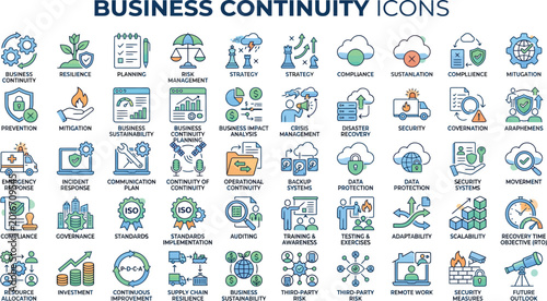 Business continuity icons, 40 vector graphics, workflow management symbols, productivity elements