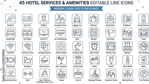 Hotel services icons, 45 editable line icons, hotel amenities symbols, hospitality business graphics