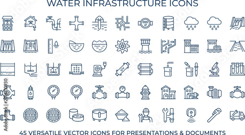 Water Infrastructure Icons, Vector Symbols, 45 Piece Collection, Blue Line Style