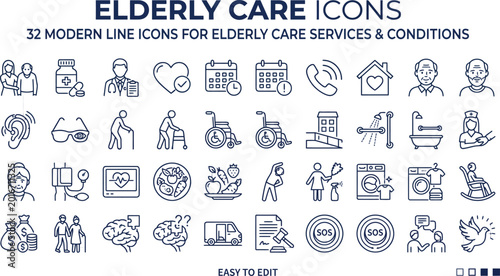 Elderly care icons, modern line icons, 32 elderly care services symbols, healthcare conditions illustrations