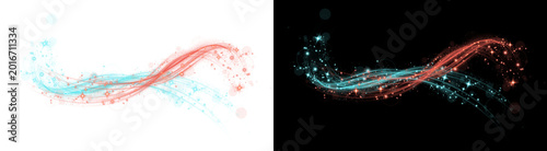PNG isolated image of Abstract glowing light trails with magic sparkles, ethereal blue and red energy wave, dynamic motion blur effect for cinematic overlays isolated on Transparent Background