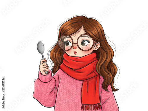 A cartoon girl with glasses and a red scarf holding a quill pen