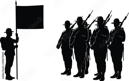 Tableau sur toile Military Parade Silhouette Illustration with Soldiers Marching, Flag Bearer, and