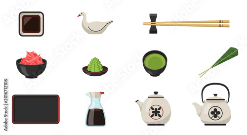Japanese Cuisine Set with Sushi, Matcha, and Teapots