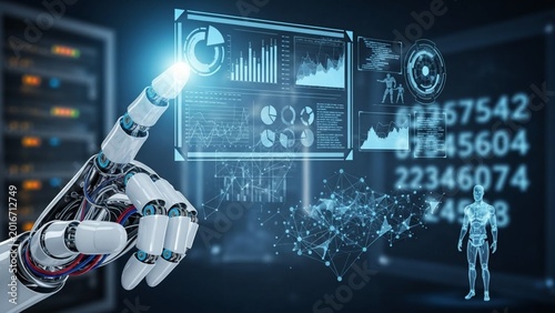 Advanced AI robot managing critical digital data on a holographic interface, showcasing futuristic analytics and secure system operations within a high-tech server environment