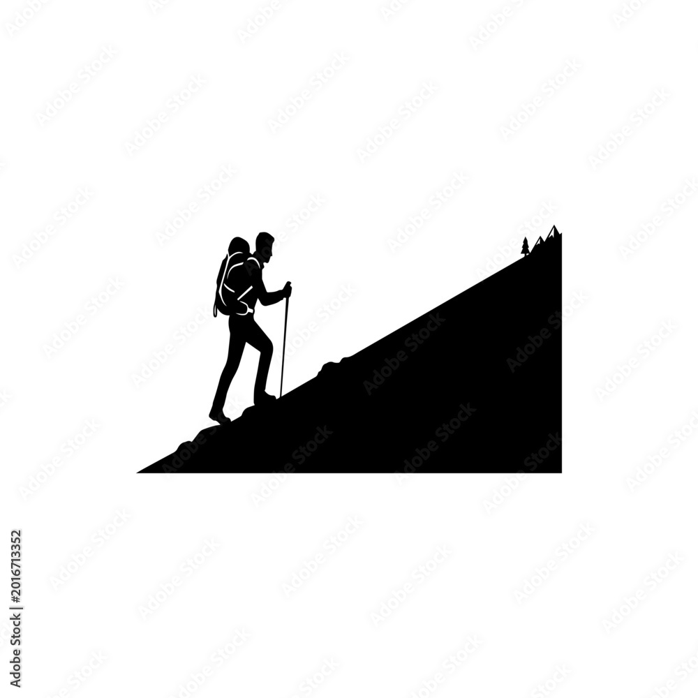 Fototapeta premium Hiker Climbing Steep Hill Silhouette Illustration